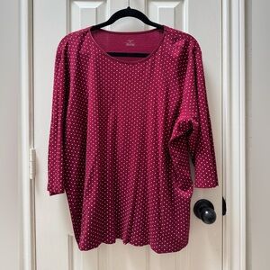 CJ Banks 2X Cotton 3/4 Sleeve Polka Dot Top, Burgundy